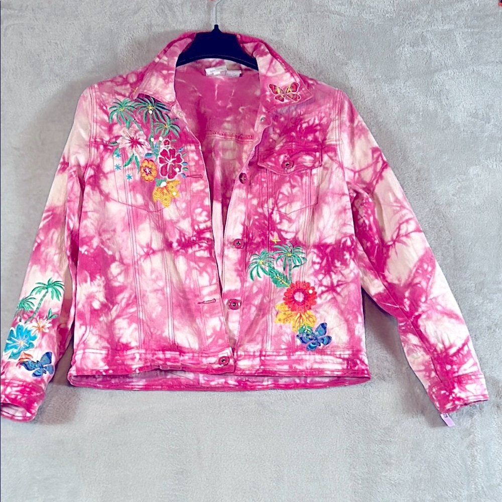 Diane Gilman tie-dyed floral tropical butterfly  print embroidered jean jacket L